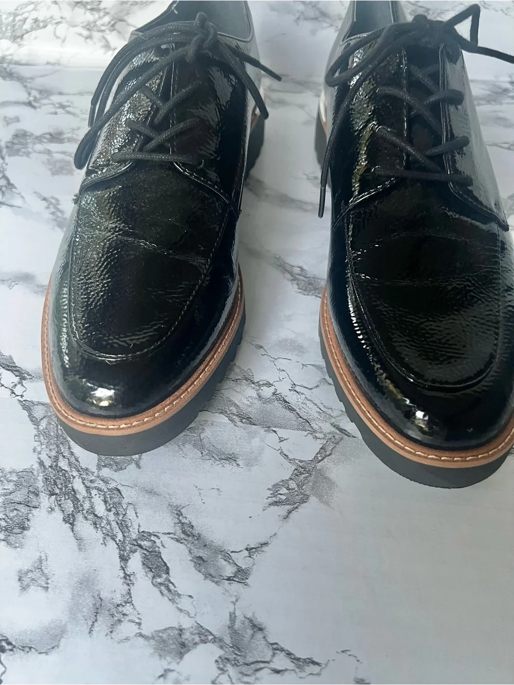 Franco Sarto Charles Black Patent Derby Lug Sole Shoe 11 Preppy Quiet Luxury